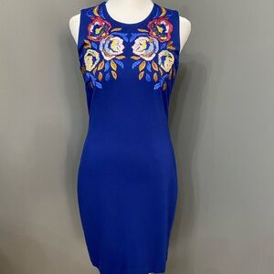 CYNTHIA STEFFE-Womens Blue Sheath Cocktail Dress 4 Floral Embellished Sleeveless